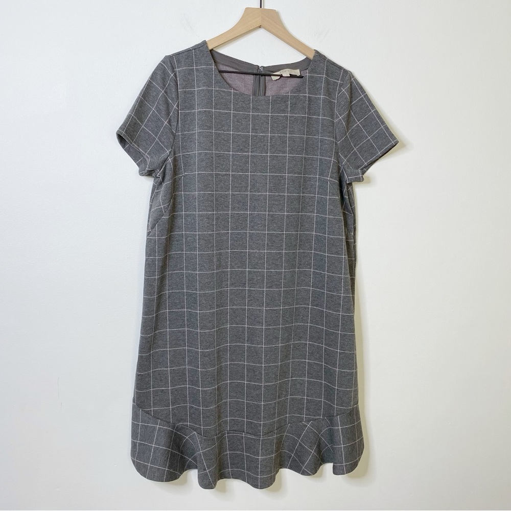 Loft Shift Dress - Gray Pink Windowpane Short Sleeve Flounce 16 Petite